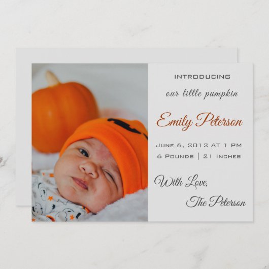 Faire-part bébé d'Halloween petit citrouille (Devant / Derrière)