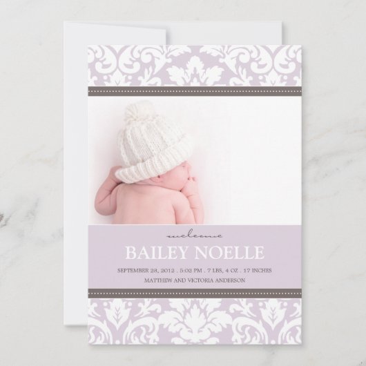 FAIRE-PART BÉBÉ EN DAMAS POURPRE | ANNONCE DE NAISSANCE (Devant)