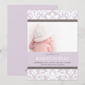 FAIRE-PART BÉBÉ EN DAMAS POURPRE | ANNONCE DE NAISSANCE (Devant / Derrière)