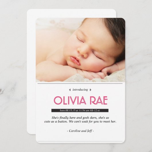 Faire-part bébé en noir, blanc et rose (Devant / Derrière)