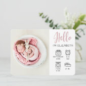 Faire-part Bébé fille bonjour superposition photo & statistiq (Debout devant)