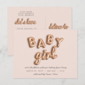 Faire-part BÉBÉ fille ! Carte postale rose gold/rose. (Devant / Derrière)