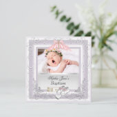 Faire-part Bébé fille Christening Baptême rose blanche (Debout devant)