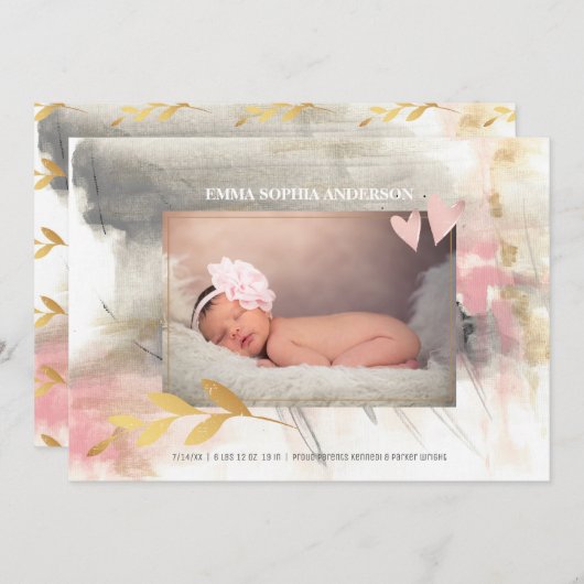 Faire-part Bébé Fille moderne Or Gris rose Naissance (Devant / Derrière)