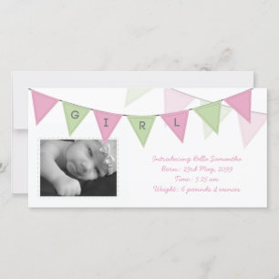 Faire-part Bébé Fille Naissance Triangle Drapeaux Bannière Ph