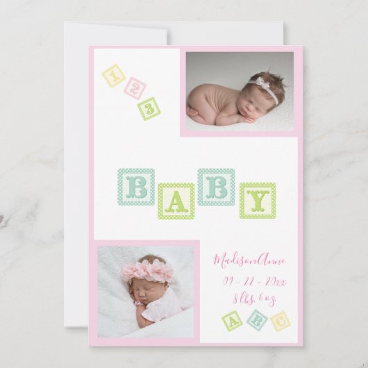 Faire-part Bébé Fille Photo ABC Blocs Naissance rose nouveau- (Devant)