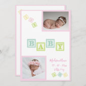 Faire-part Bébé Fille Photo ABC Blocs Naissance rose nouveau- (Devant / Derrière)