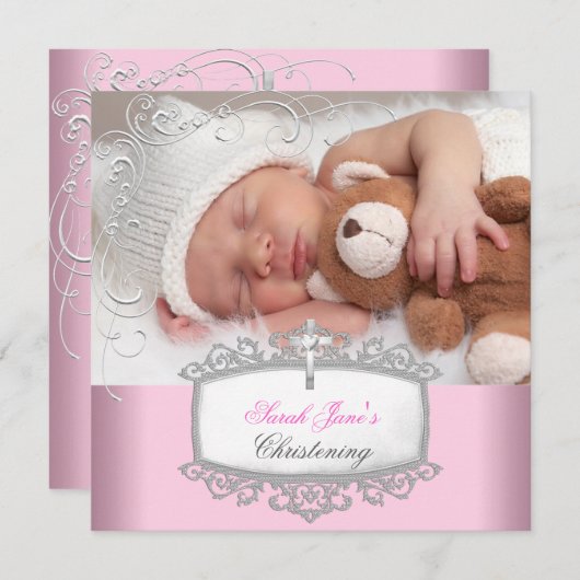 Faire-part Bébé Fille rose Christening Baptême Croix blanche (Devant / Derrière)