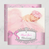 Faire-part Bébé Fille rose Christening Baptême Croix blanche (Devant / Derrière)