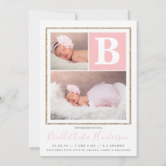 Faire-part Bébé fille rose et or Parties scintillant Faire-pa (Devant)