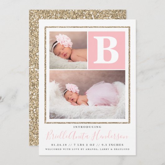 Faire-part Bébé fille rose et or Parties scintillant Faire-pa (Devant / Derrière)