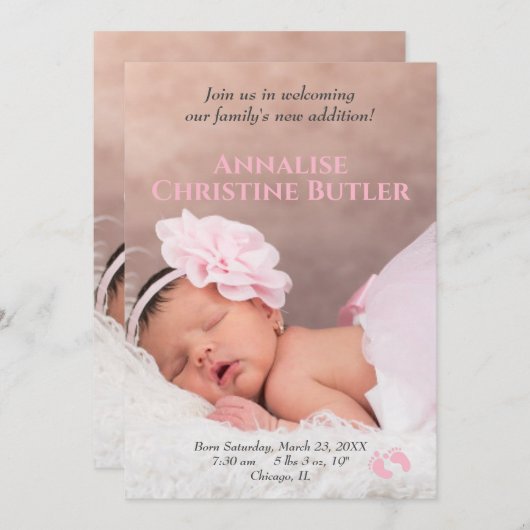 Faire-part Bébé Fille rose Pieds bébé Photo de naissance (Devant / Derrière)