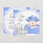 Faire-part Bébé Garçon Gris Bleu Sip And See (Devant / Derrière)