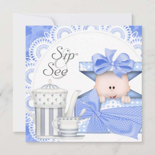 Faire-part Bébé Garçon Gris Bleu Sip And See (Devant)