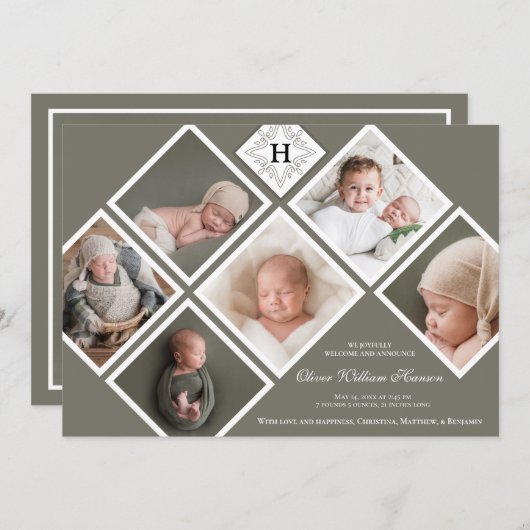 Faire-part Bébé Garçon multiphoto Olive Monogramme Naissance (Devant / Derrière)