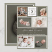 Faire-part Bébé Garçon Photo Collage Olive Green Monogramme N (Devant / Derrière)