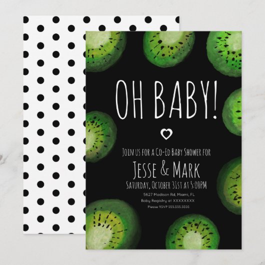Faire-part bébé kiwi aquarelle pois (Devant / Derrière)