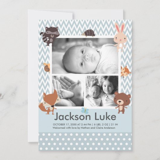 Faire-part Bébé mignon Animaux Garçon Photo Annonces de naiss (Devant)