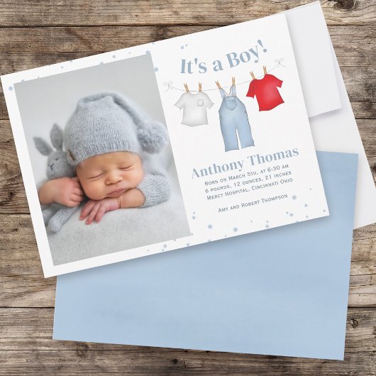 Faire-part Bébé mignon Garçon Whimsical Simple Denim Bleu Vêt