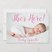 Faire-part Bébé mignon photo, Elle est ici, rose (Devant)