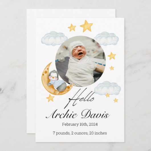 Faire-part bébé mignonne avec un pingouin bébé (Devant / Derrière)