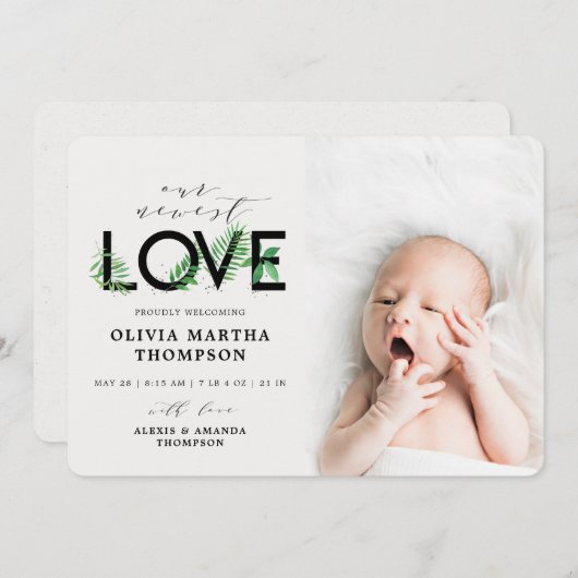 Faire-part Bébé Moderne Tropical Vert Photo Naissance (Devant / Derrière)