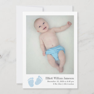 Faire-part Bébé mou Garçon Bleu Empreinte Photo Naissance