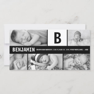 Faire-part Bébé noir et blanc Monogramme 5 Photo Naissance Mo