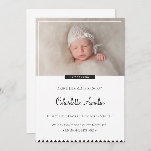 Faire-part bébé noir et blanc pour garçon ou fille (Devant / Derrière)