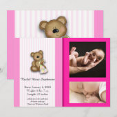 Faire-part bébé photo de l'ours en peluche rose (Devant / Derrière)