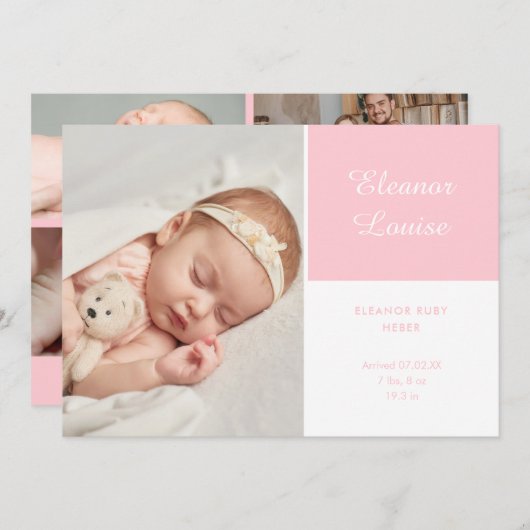 Faire-part Bébé rose fille élégante Script photo naissance (Devant / Derrière)