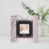 Faire-part Bébé rose noir Damas fille photo naissance (Debout devant)