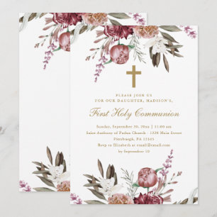 Faire-part Belle florale et croix Première sainte communion