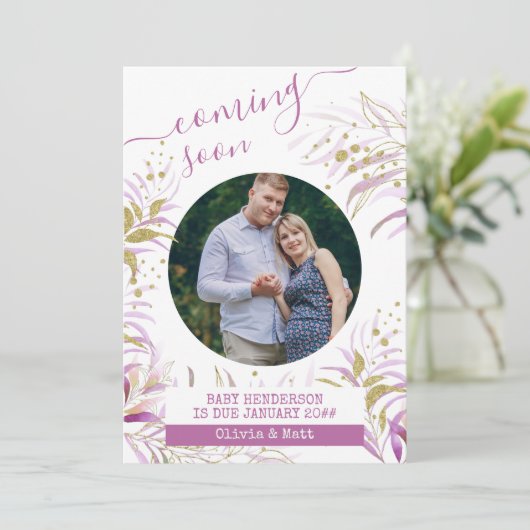 Faire-part Bientôt Maternité Photo Élégant Rosé Foliage (Debout devant)