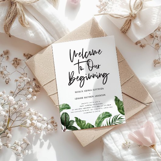 Faire-part Bienvenue à notre premier mariage de feuillage tro