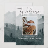 Faire-part Bienvenue . Aquarelle bois hiver naissance bébé (Devant / Derrière)