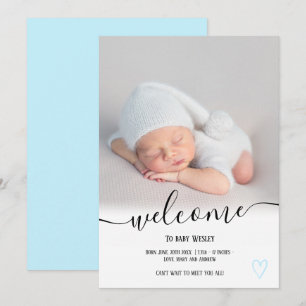 Faire-part Bienvenue bleu script coeur photo garçon naissance