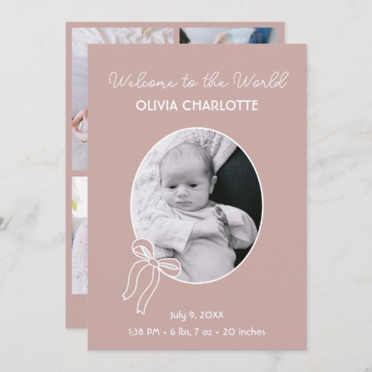 Faire-part Bienvenue dans le monde Dusty rose nouveau-né nais (Devant / Derrière)