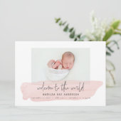 Faire-part Bienvenue dans le monde rose aquarelle bébé (Debout devant)