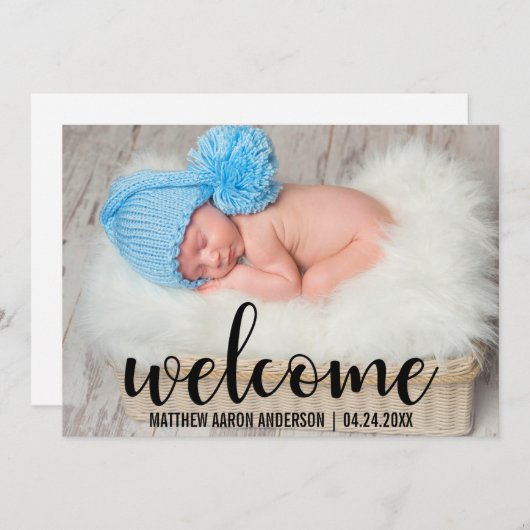 Faire-part Bienvenue Nouveau Baby Modern Black Script Card (Devant / Derrière)