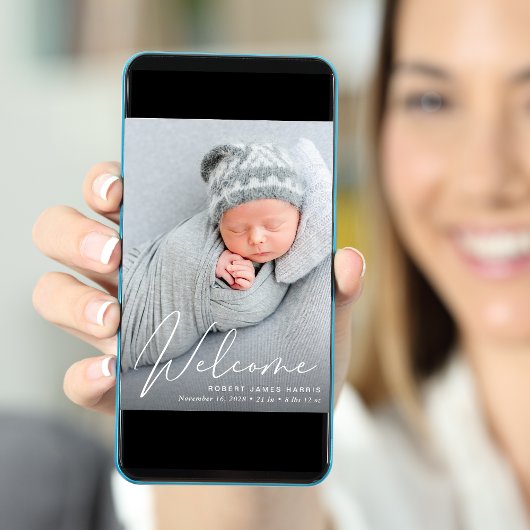 Faire-part Bienvenue Photo White Script Naissance
