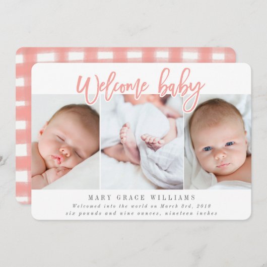 FAIRE-PART BIENVENUE ROSE-BÉBÉ (Devant / Derrière)