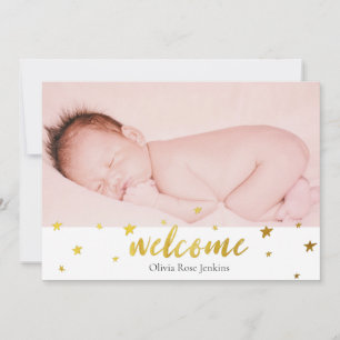 Faire-part Bienvenue Script Gold Stars Photo Baby Girl Birth
