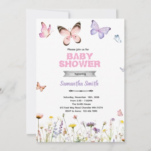 Faire-part Bisous de Papillon et Vœux de Bébé (Devant)