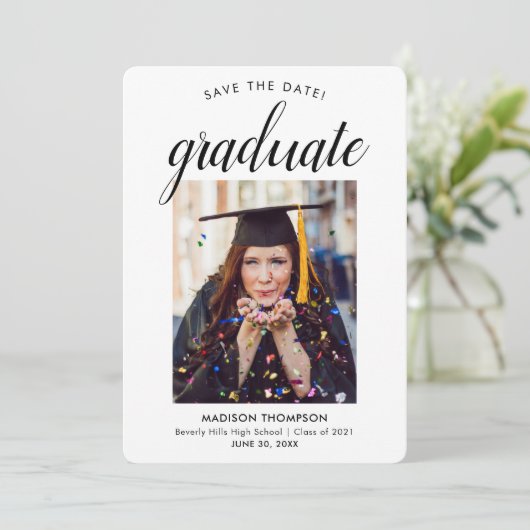 Faire-part Black Enregistrer la date Calligraphie Graduation (Debout devant)