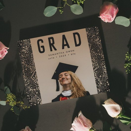 Faire-part Black Gold Elegant Foil Botanics Grad Photo