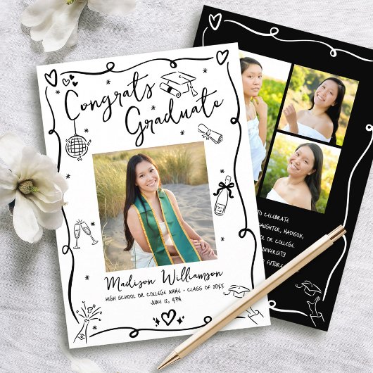 Faire-part Black Hand Drawn Doodles Graduation 4 Photo White