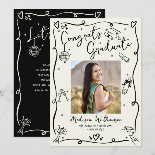 Faire-part Black Hand Drawn Doodles Graduation Photo Cream (Devant / Derrière)