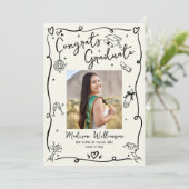 Faire-part Black Hand Drawn Doodles Graduation Photo Cream (Debout devant)