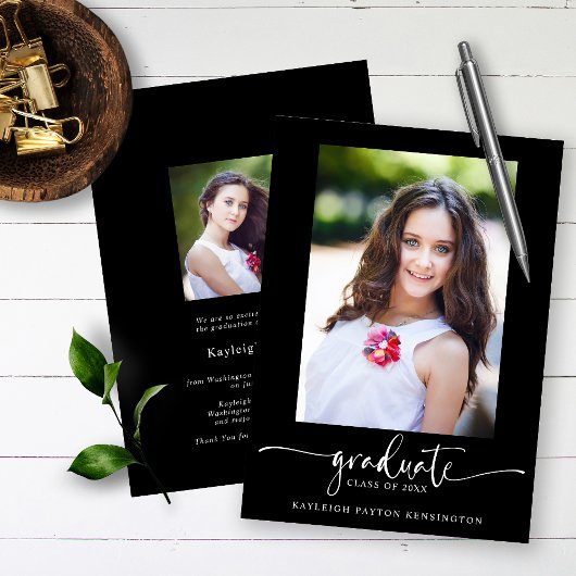 Faire-part Black Modern Elegant Script Graduation Photo